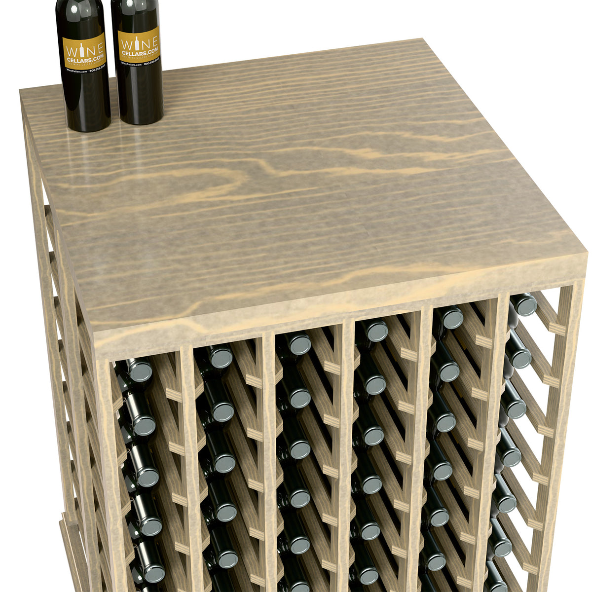 Half-height wine tasting table top with visible bottle slots and wooden rack sides