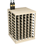 Half-height wine tasting table with solid top and front bottle rack in light wood