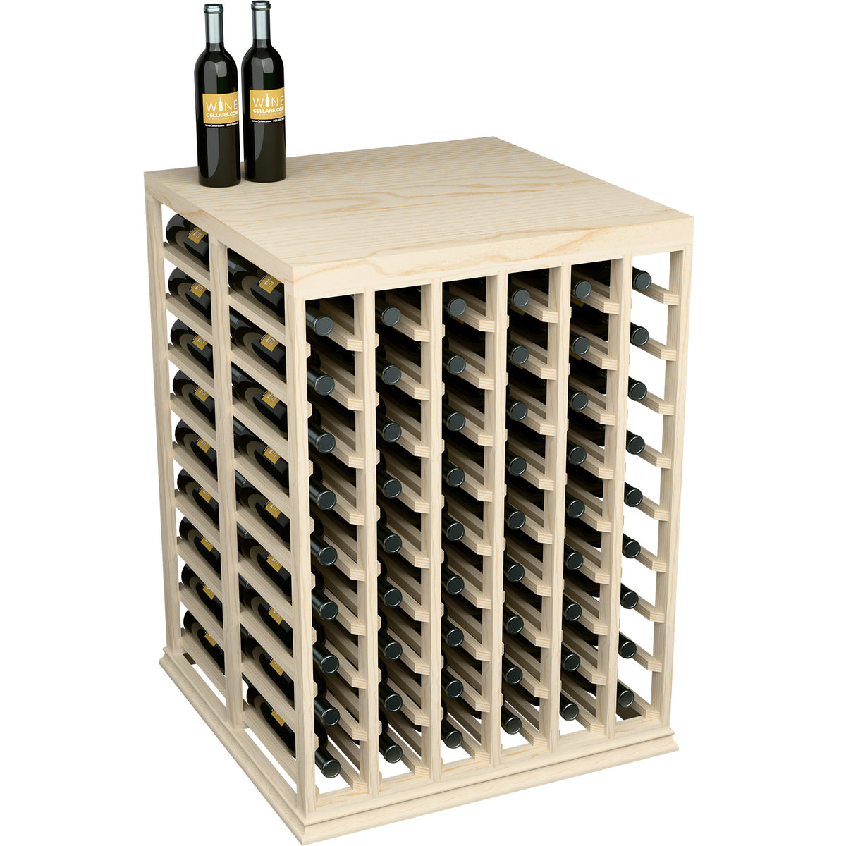 Half-height wine tasting table with solid top and front bottle rack in light wood