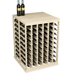 Half-height wine tasting table with solid top and front bottle rack in light wood