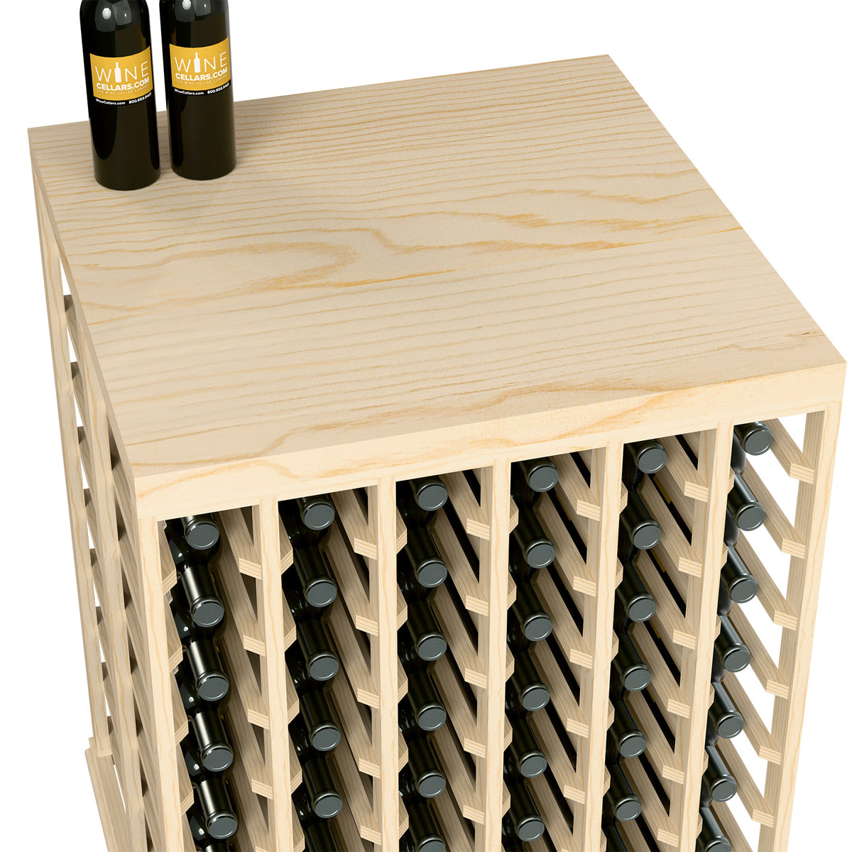 Half-height wine tasting table close-up with solid top and open bottle rack rows
