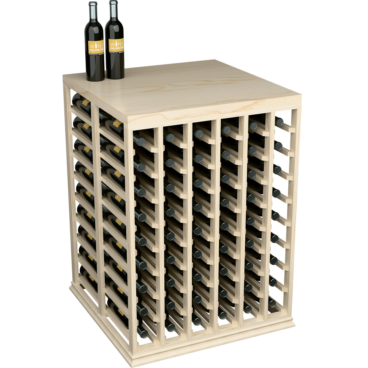 Half-height wine tasting table with solid top and side view of wine bottle storage rack