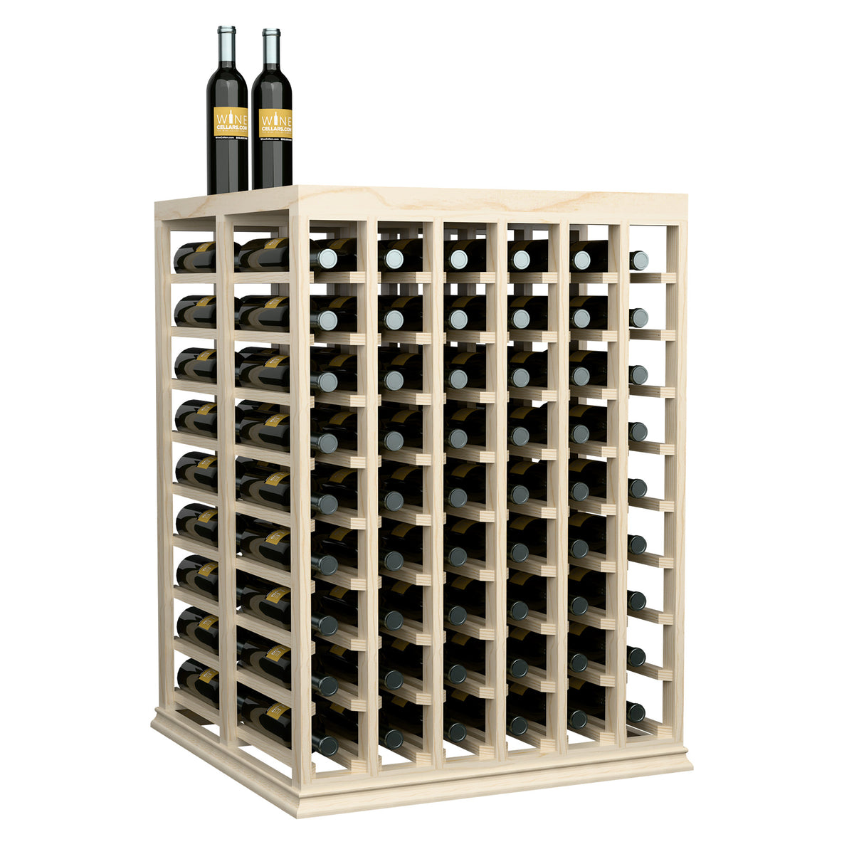 Half-height wine tasting table with solid top and front bottle slots, light wood finish
