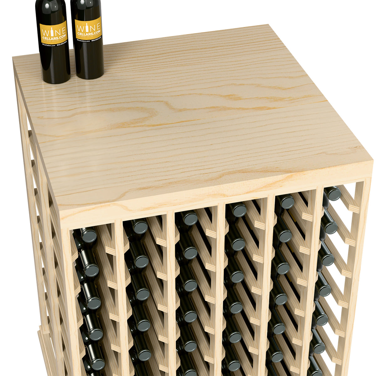Wine tasting table with solid top and bottle storage racks, light wood with front openings