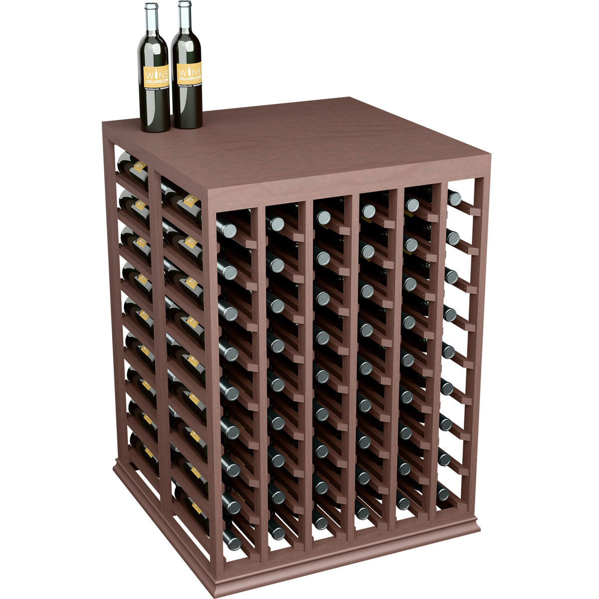 Half-height wine tasting table with solid top and bottle slots, dark stained wood finish