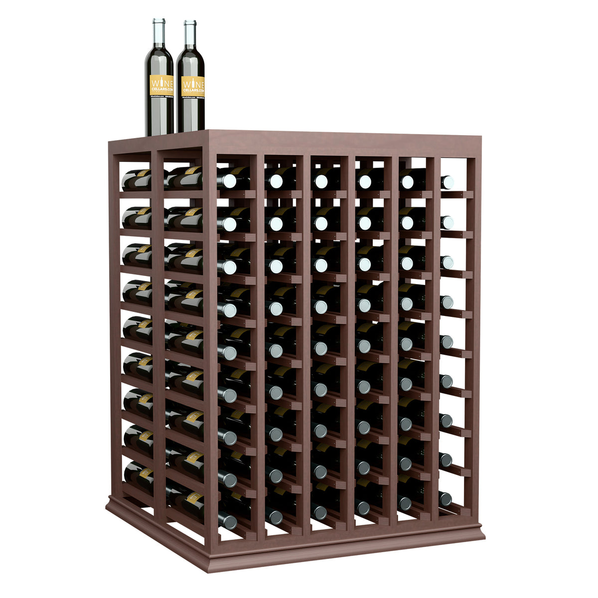 Half-height wine tasting table with solid top, dark wood frame and bottle storage slots