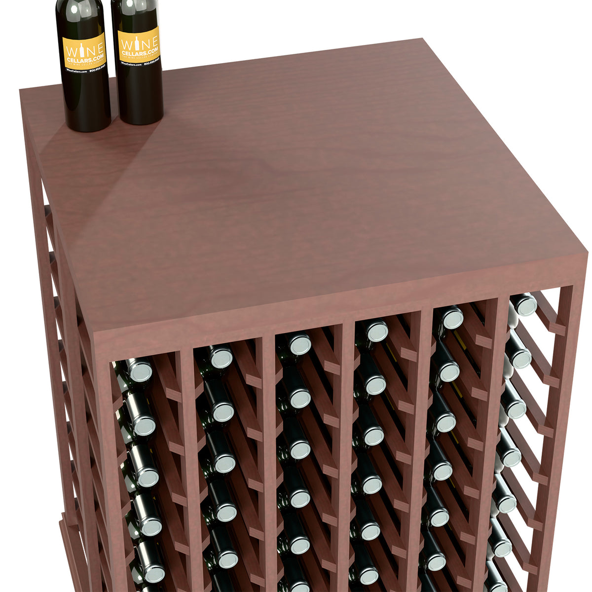 Wine tasting table with solid top and front bottle rack, dark stained wood finish
