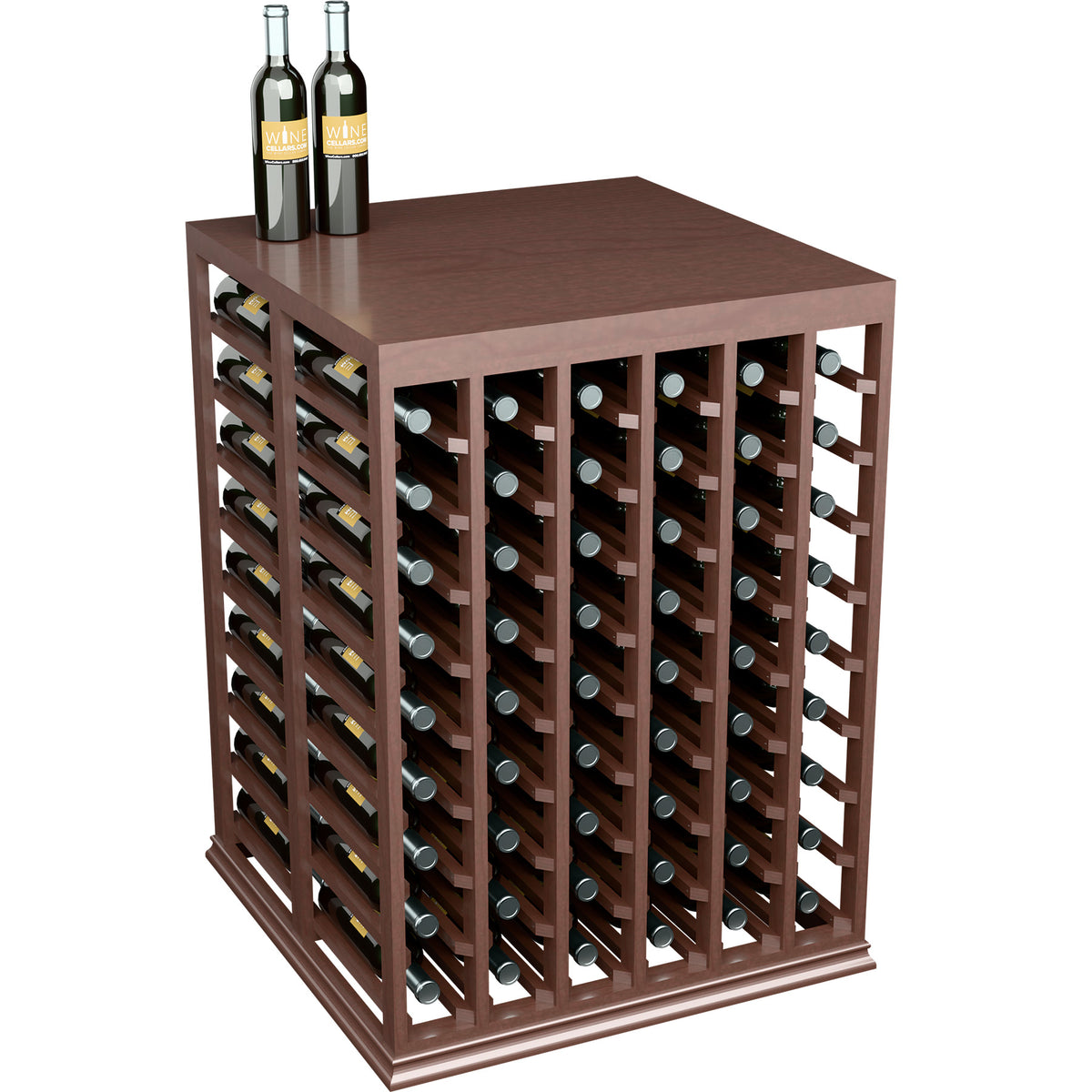 Half-height wine tasting table with solid top and bottle storage racks, dark stained wood
