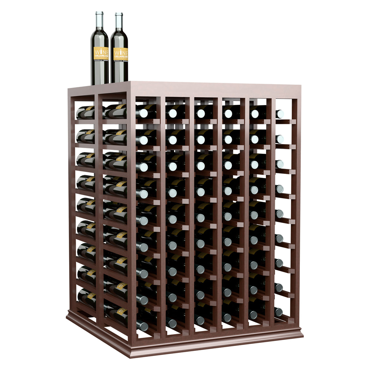 Half-height wine tasting table with solid top, dark wood bottle slots and grid shelving
