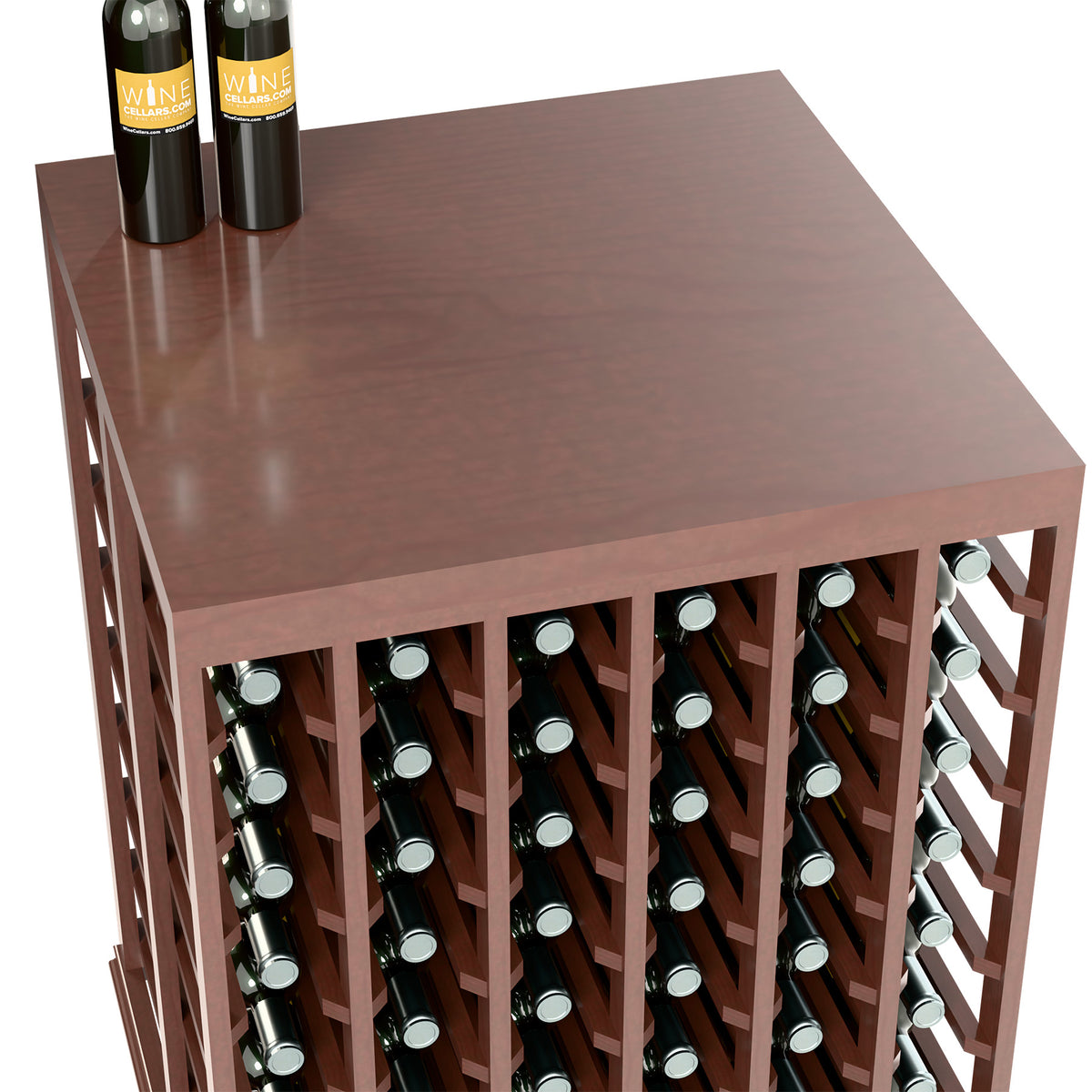 Wine tasting table with solid top and bottle storage rack, dark wood finish with slots