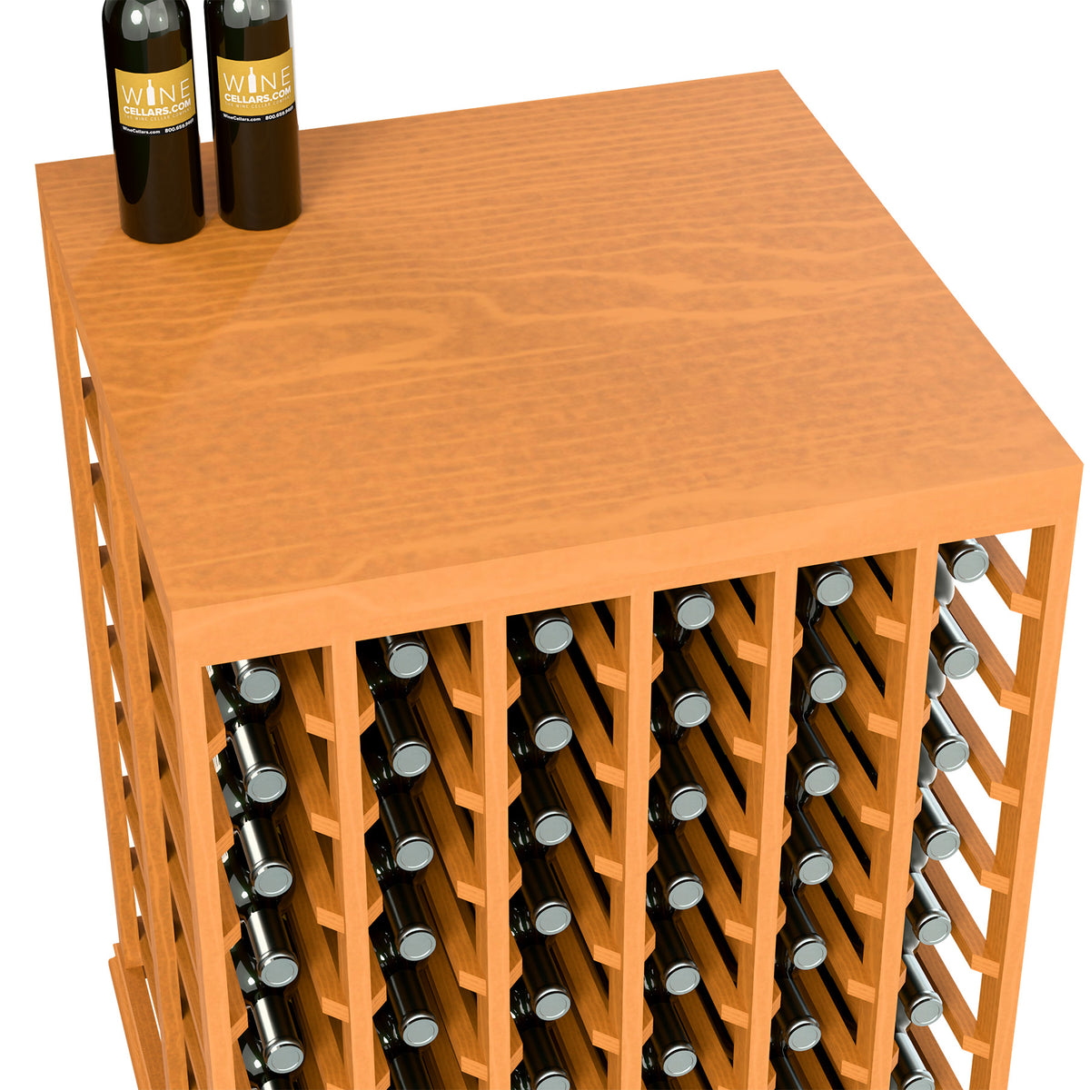 Half-height double wine tasting table with solid top and bottle slots, warm wood finish