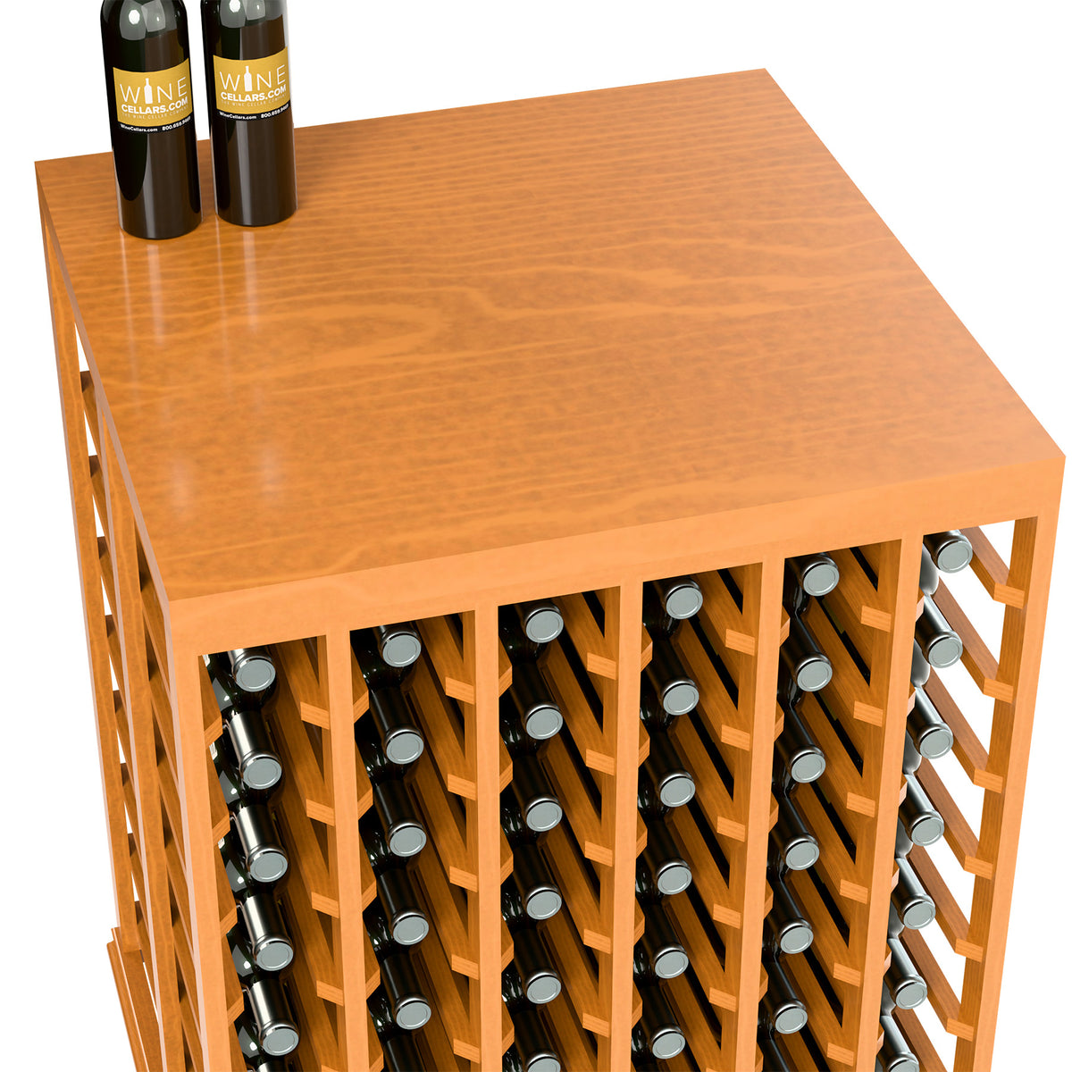 Half-height double wine tasting table with solid top and bottle slots, close-up warm wood