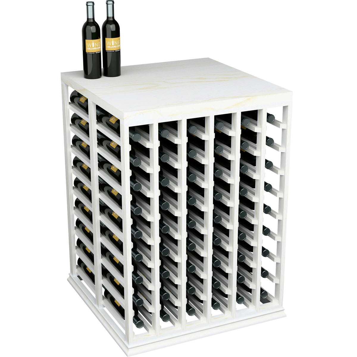 Half-height double wine tasting table with solid top and bottle slots, white painted finish