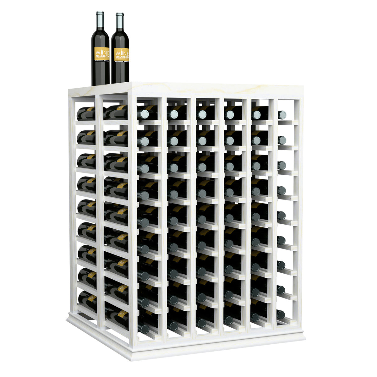 Half-height double wine tasting table with solid top, front view bottle rack, white finish