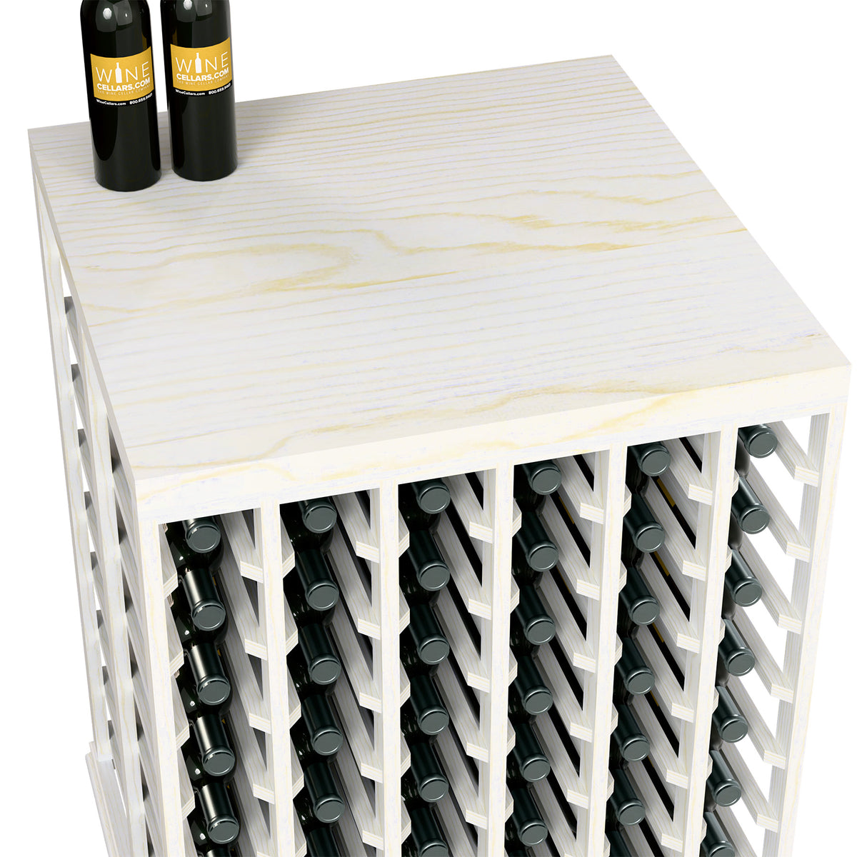 Half-height double wine tasting table with solid top and bottle slots, close-up white finish
