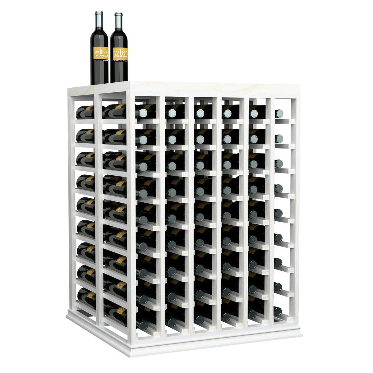 Half-height double wine tasting table with solid top, front view of bottle rack, white finish