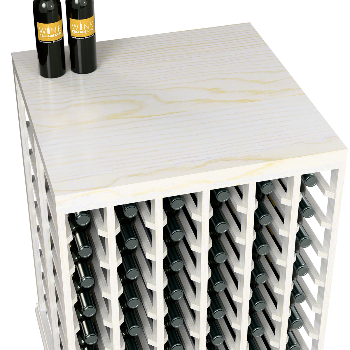 Half-height double wine tasting table with solid top and bottle slots, close-up white finish