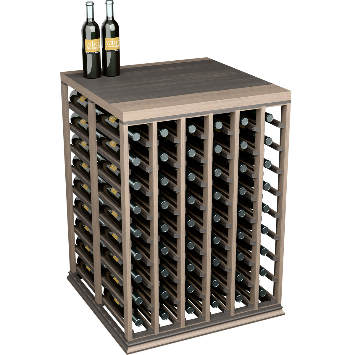 Dark wood double wine tasting table with solid top and half-height bottle racks
