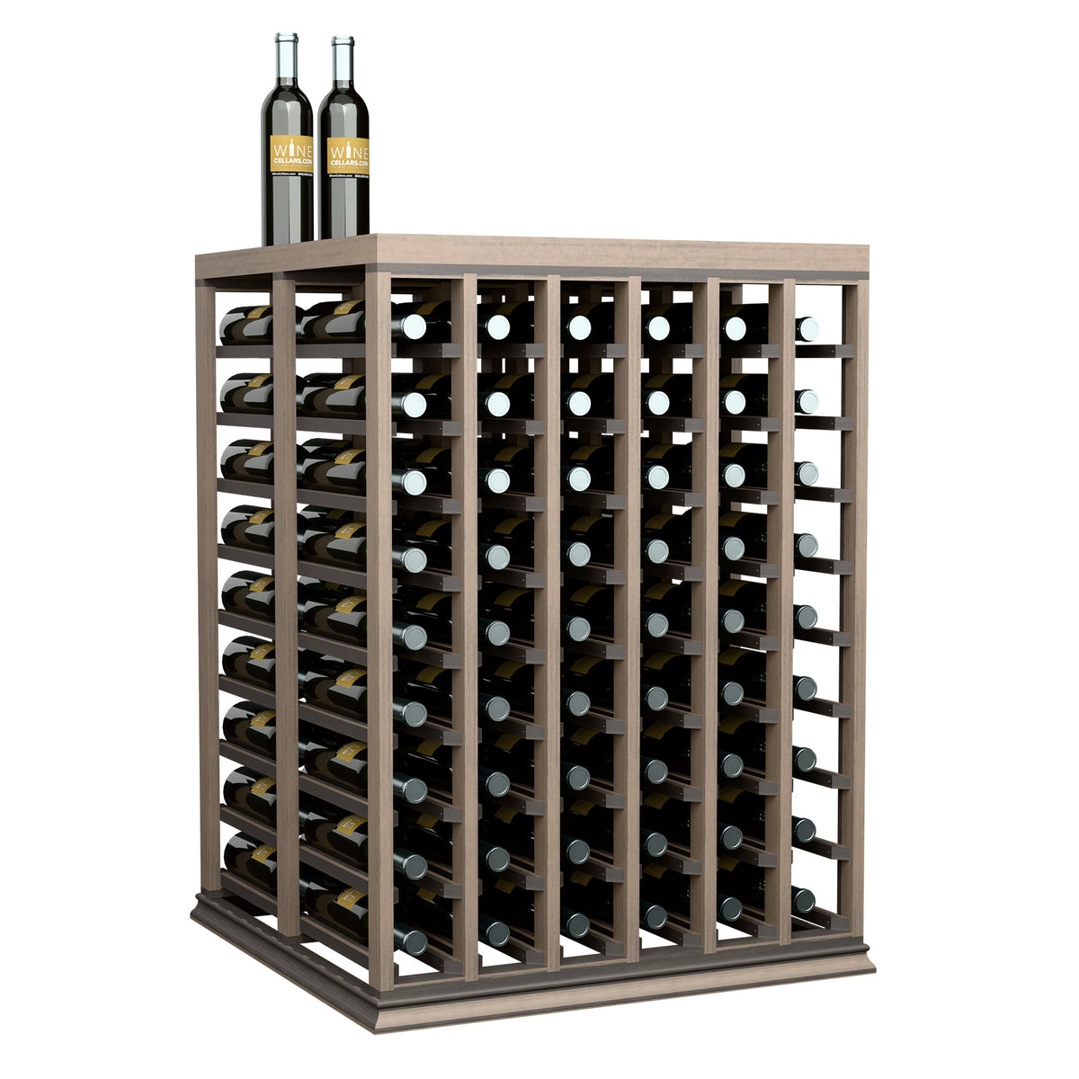 Dark wood wine storage table with solid top, half-height double bottle racks