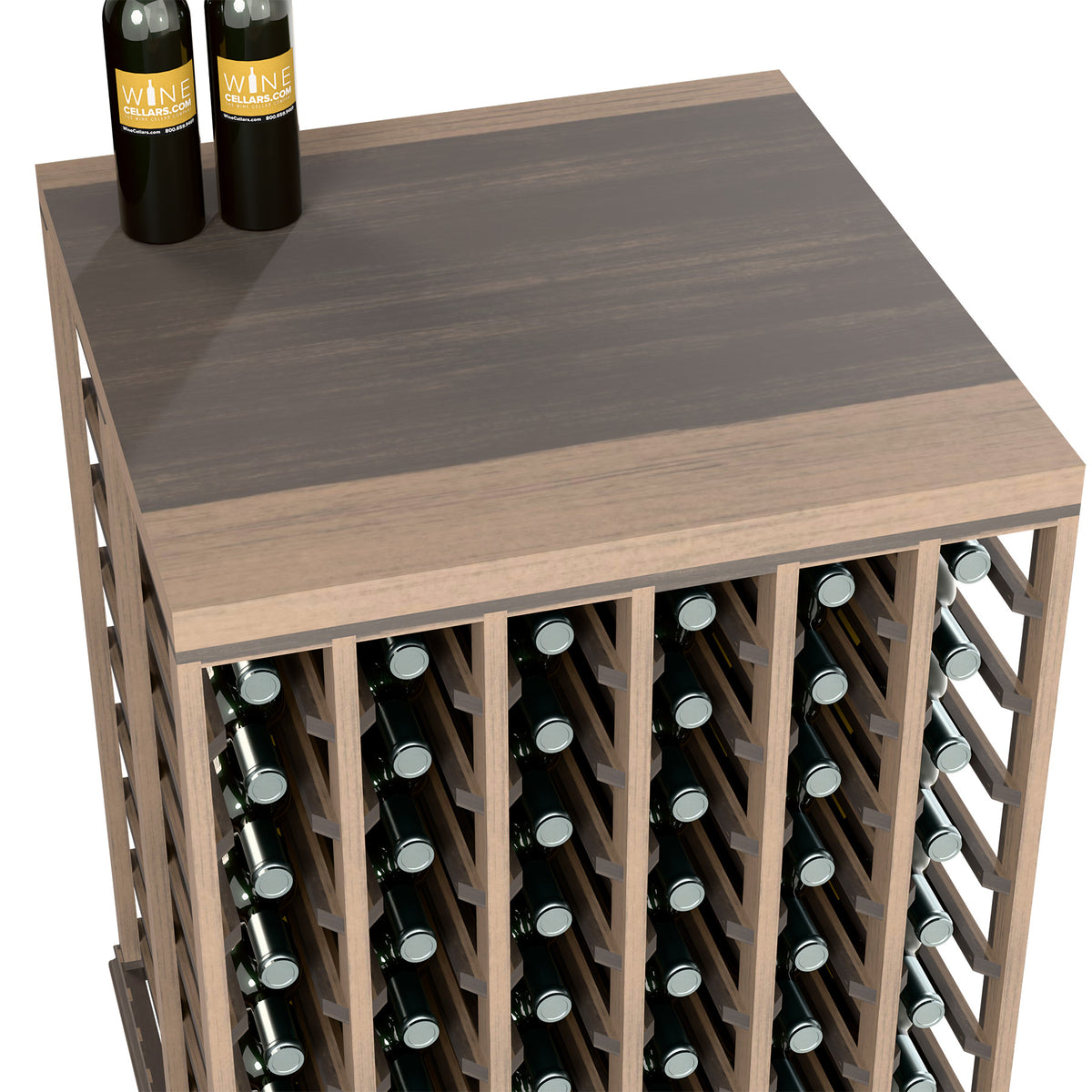 Dark wood wine tasting table with solid top and front rows of bottle slots