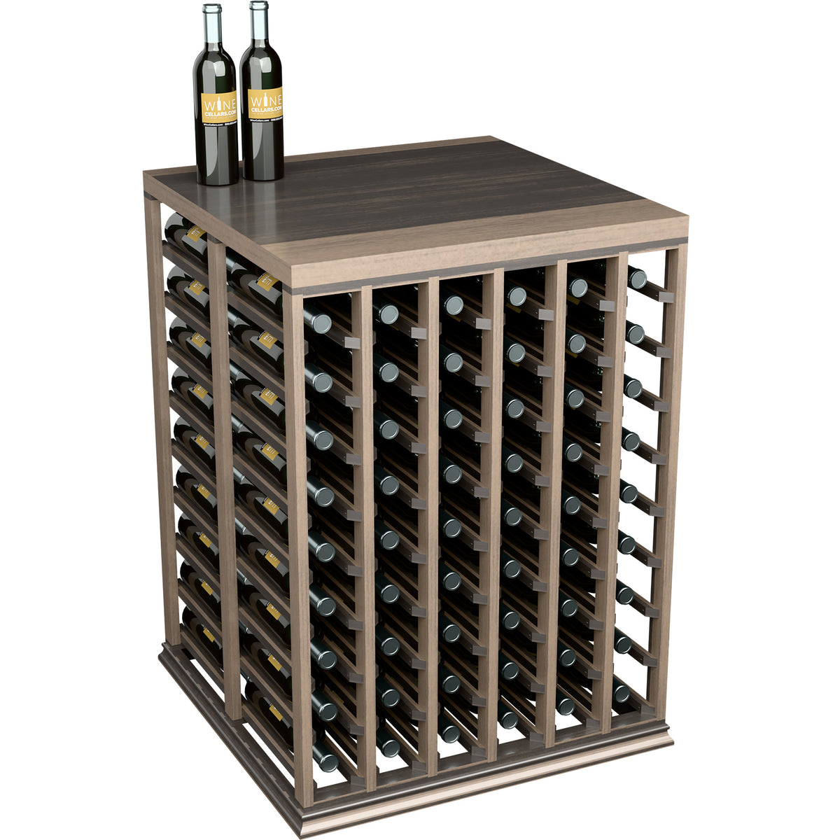 Dark wood double wine tasting table with solid top and two-sided bottle storage