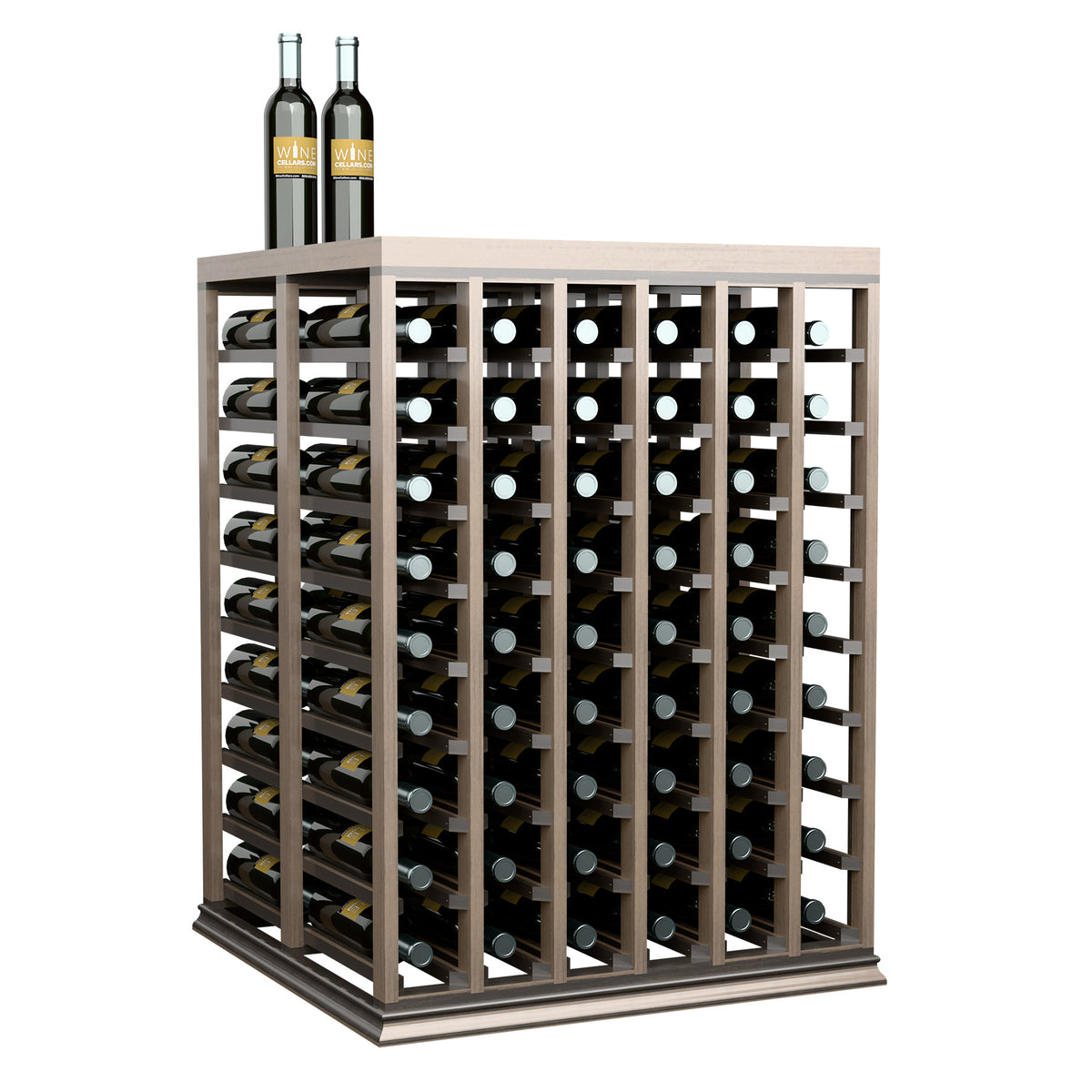Light wood double wine tasting table with solid top and half-height bottle racks