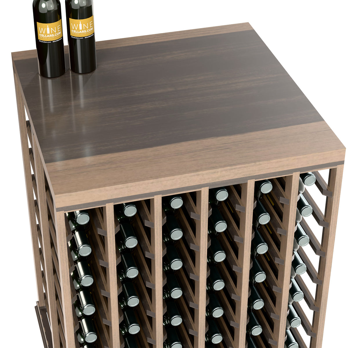 Light wood wine tasting table with solid top and front bottle slot rows