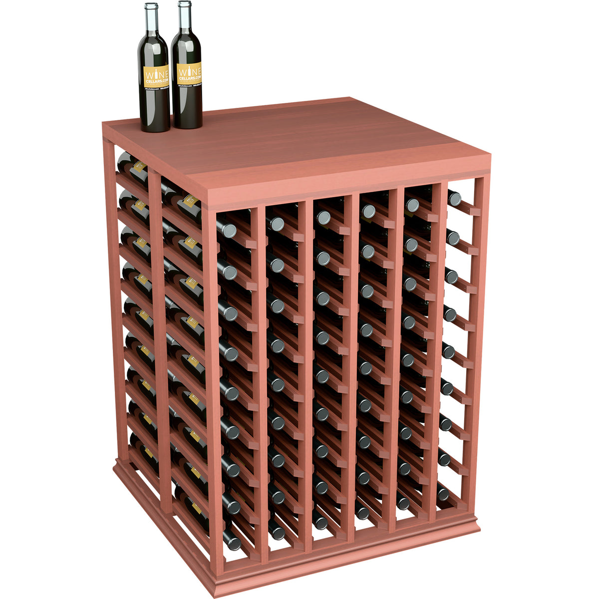 Red-toned wood double wine tasting table with solid top and half-height bottle racks
