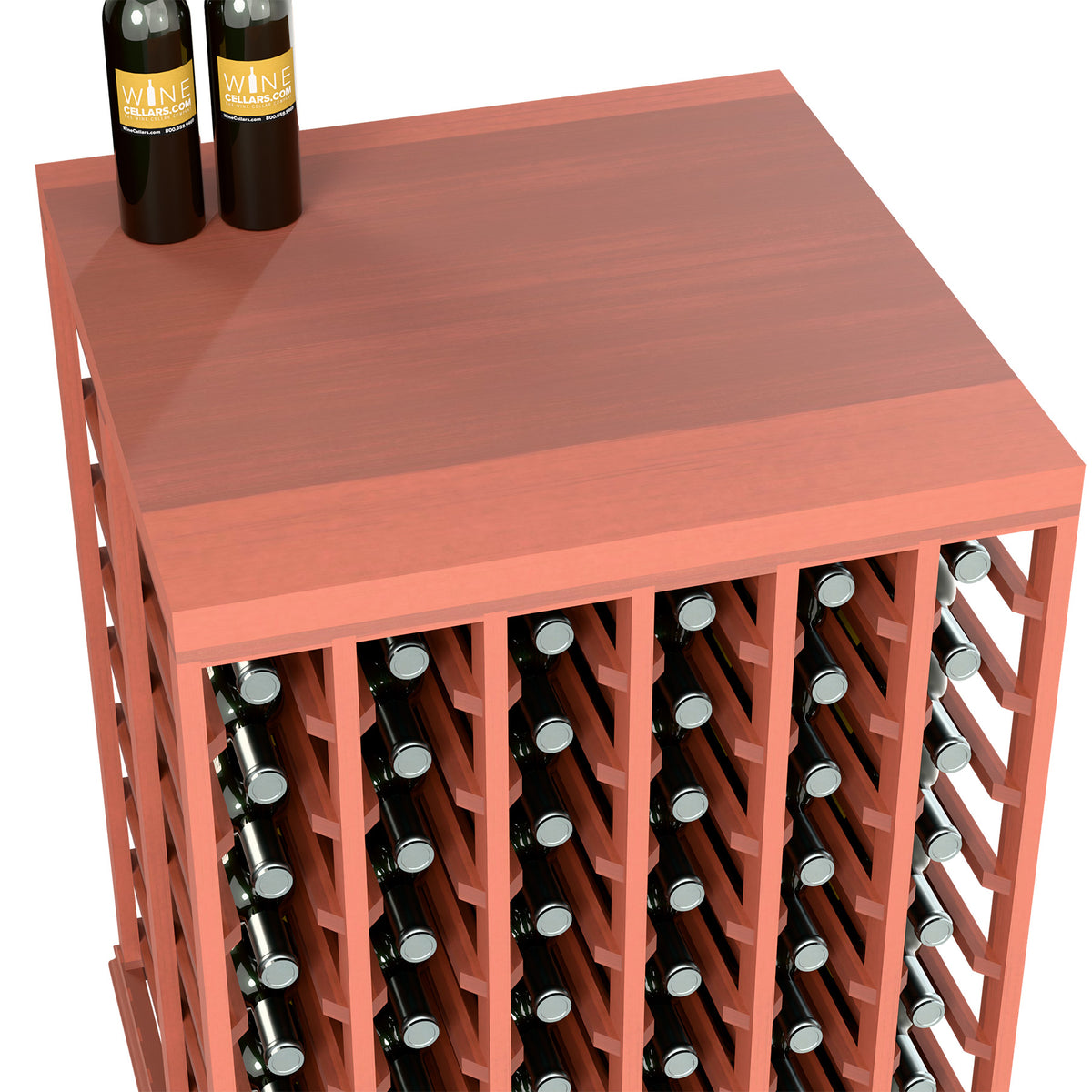 Red-toned wood wine tasting table with solid top and front rows of bottle slots