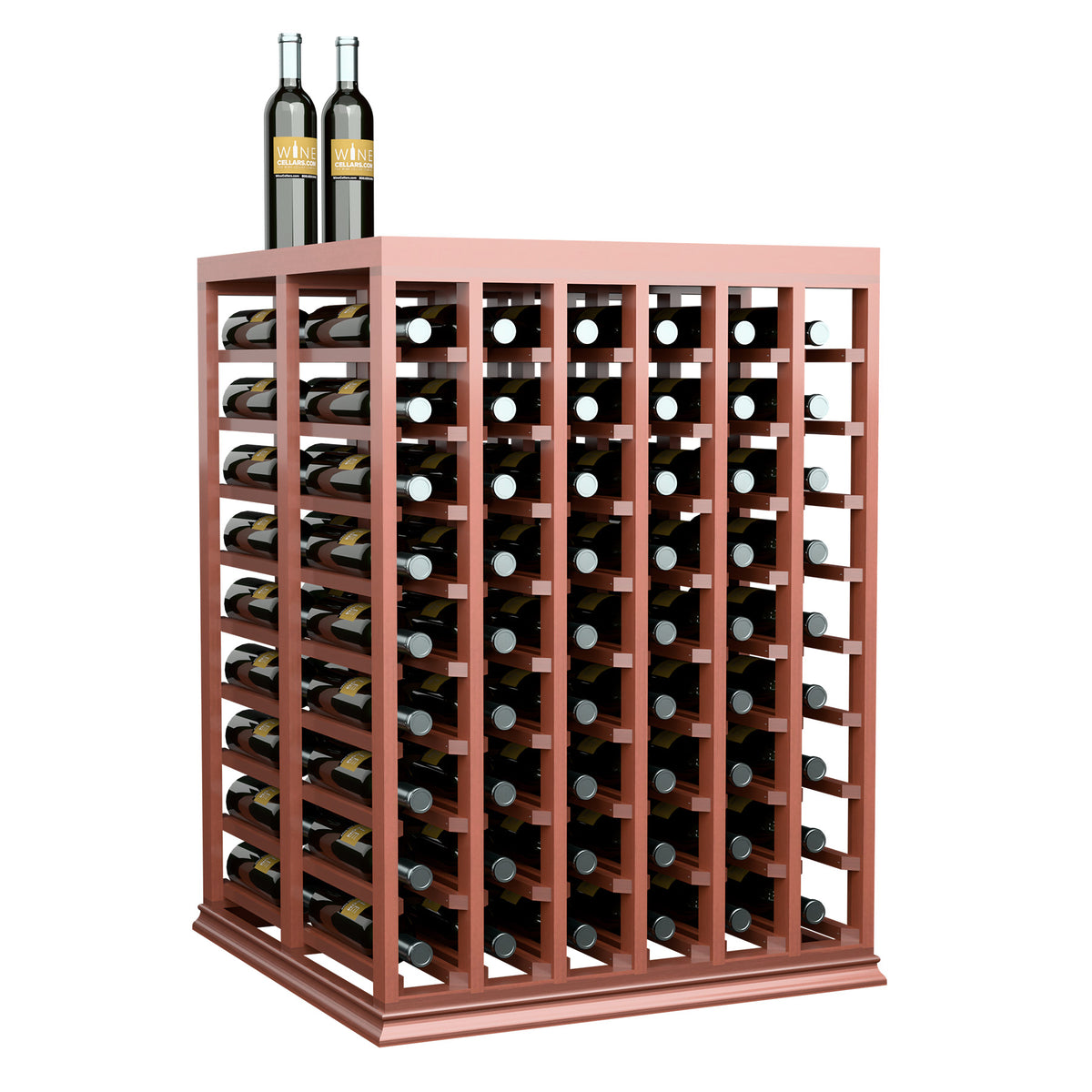 Half-height wine tasting table with solid top, dark wood bottle rack and bottles on top.