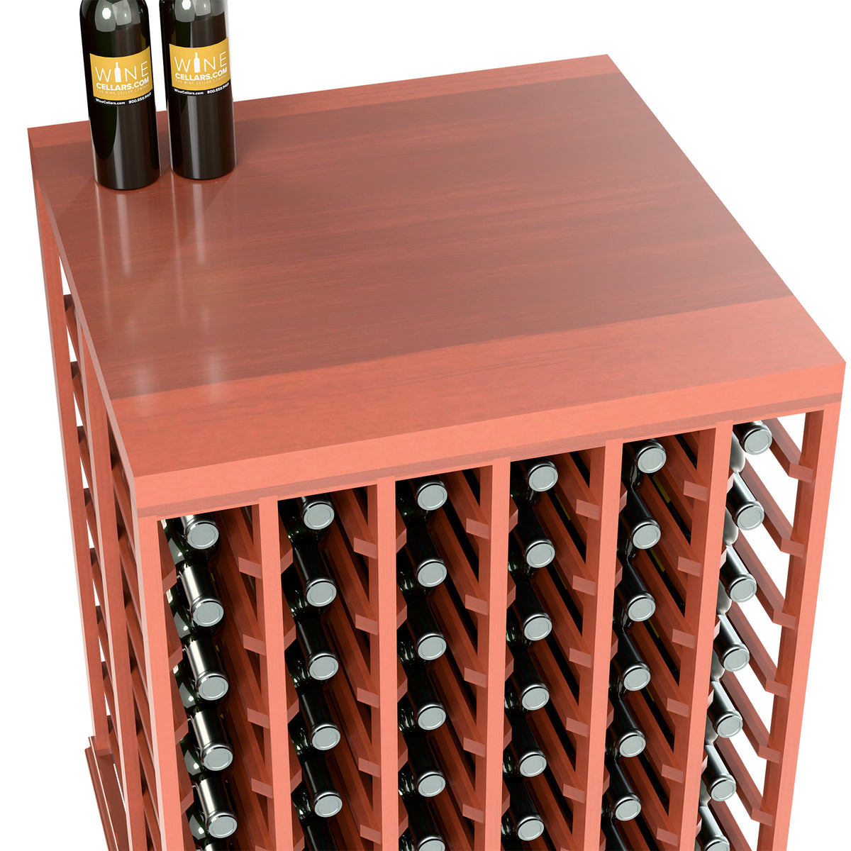 Half-height wine tasting table, reddish wood solid top with bottle slots along the side.