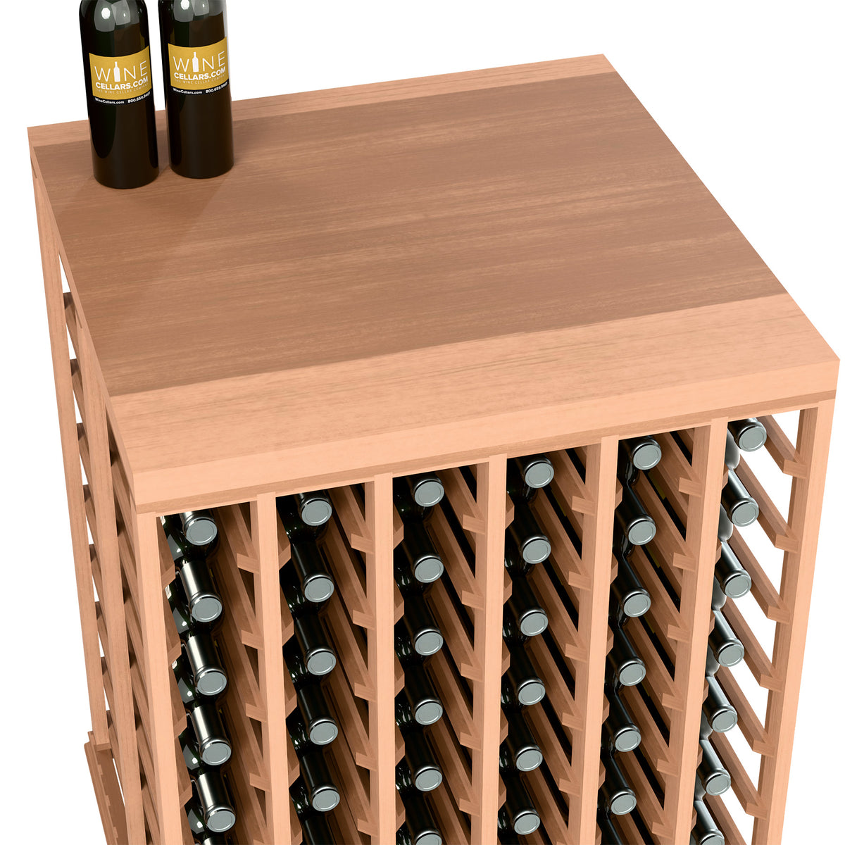 Half-height wine tasting table with solid top, light wood side rack holding bottles.