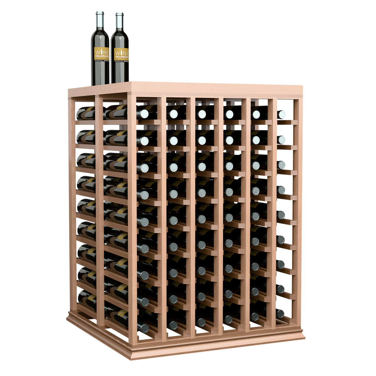 Half-height wine tasting table with solid top, light wood bottle rack front view with bottles.
