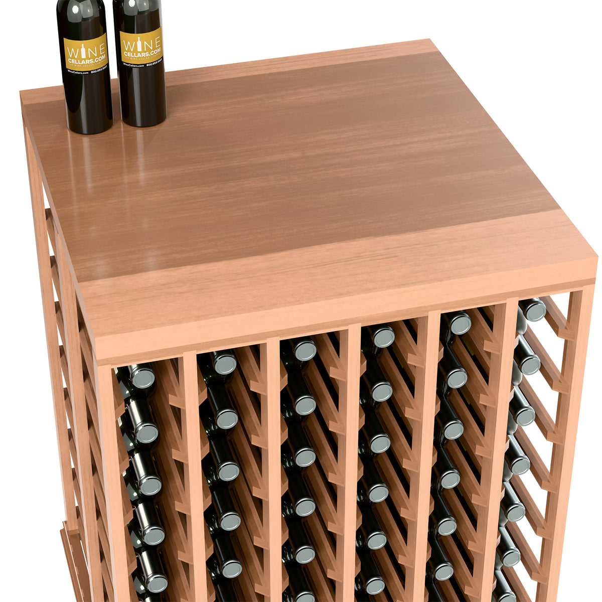 Half-height wine tasting table, solid wood top and side bottle rack with bottle caps visible.