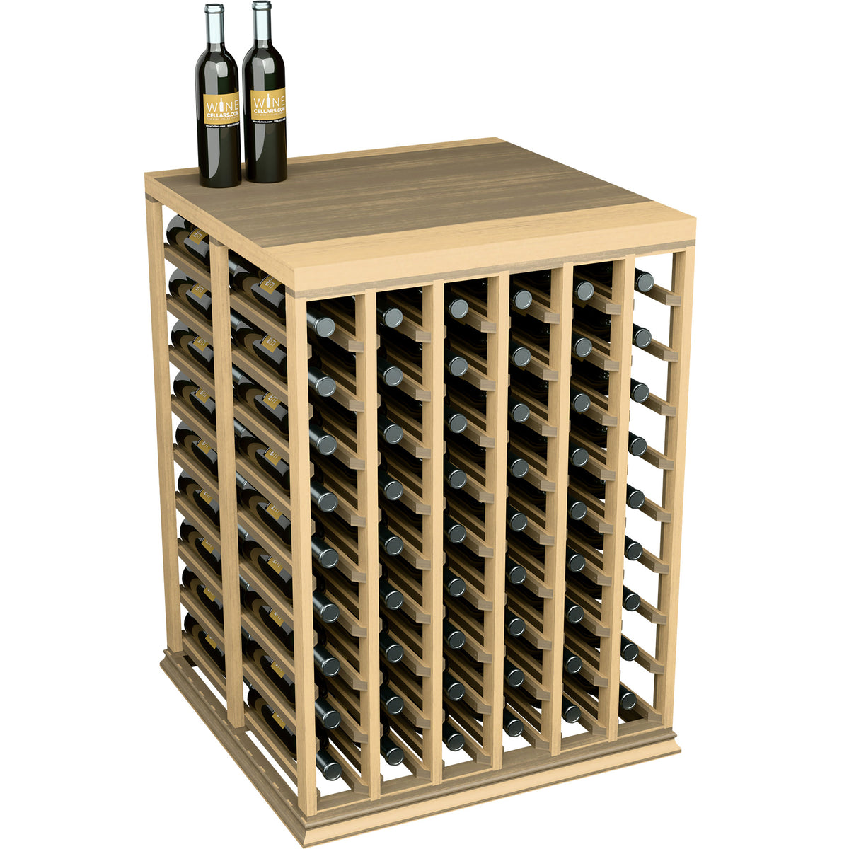 Half-height wine tasting table with solid top, light wood bottle rack and bottles on top.