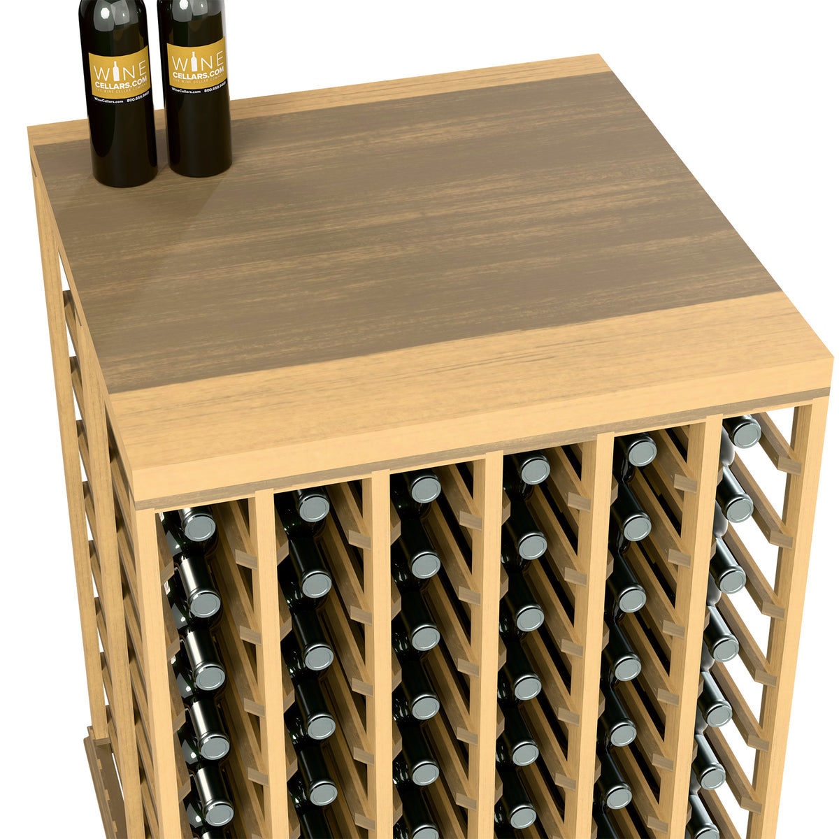 Wood wine tasting table with slanted front bottle rack and square solid top