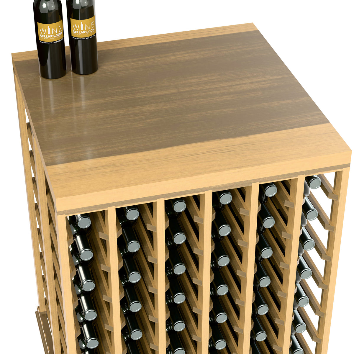 Light wood tasting table with solid top and front bottle rack with metal bottle caps