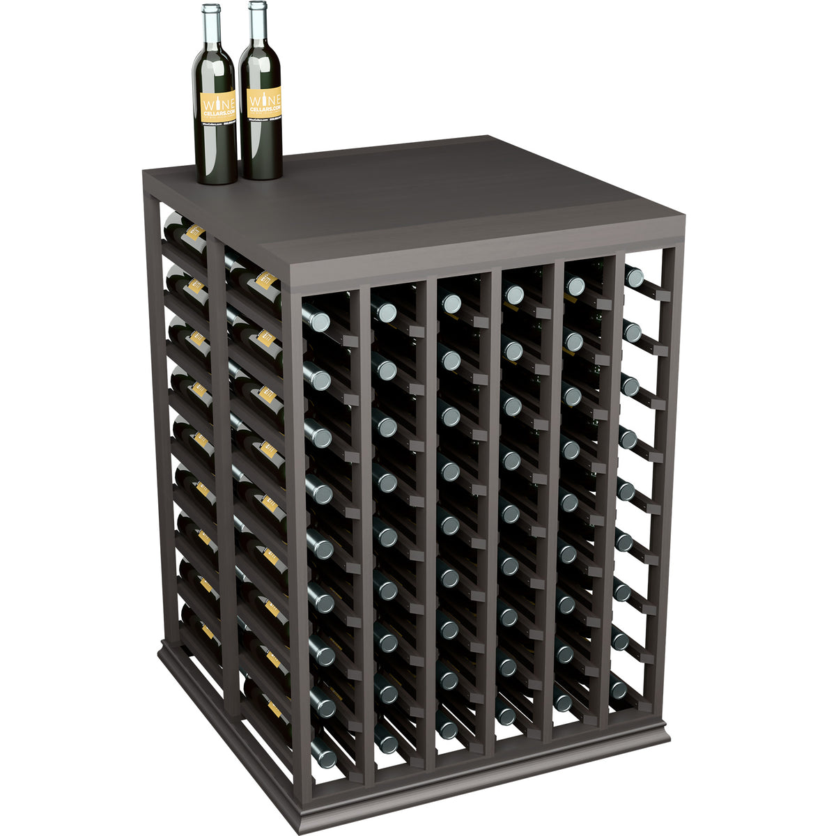 Black wine tasting table with solid square top and front bottle rack with metal caps
