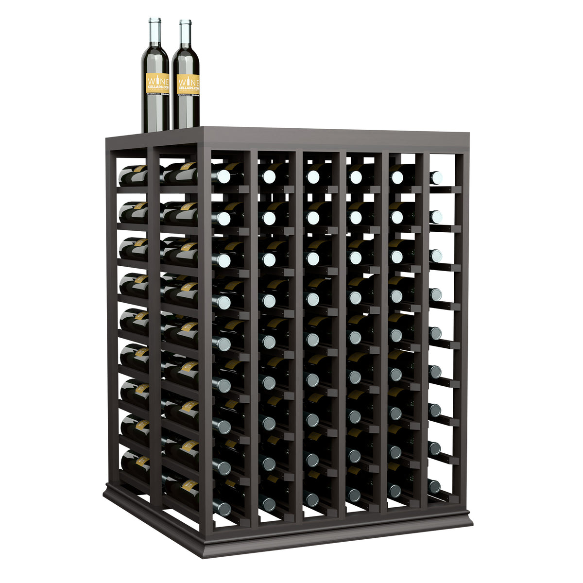 Black wine tasting table with front and side bottle slots and solid top panel