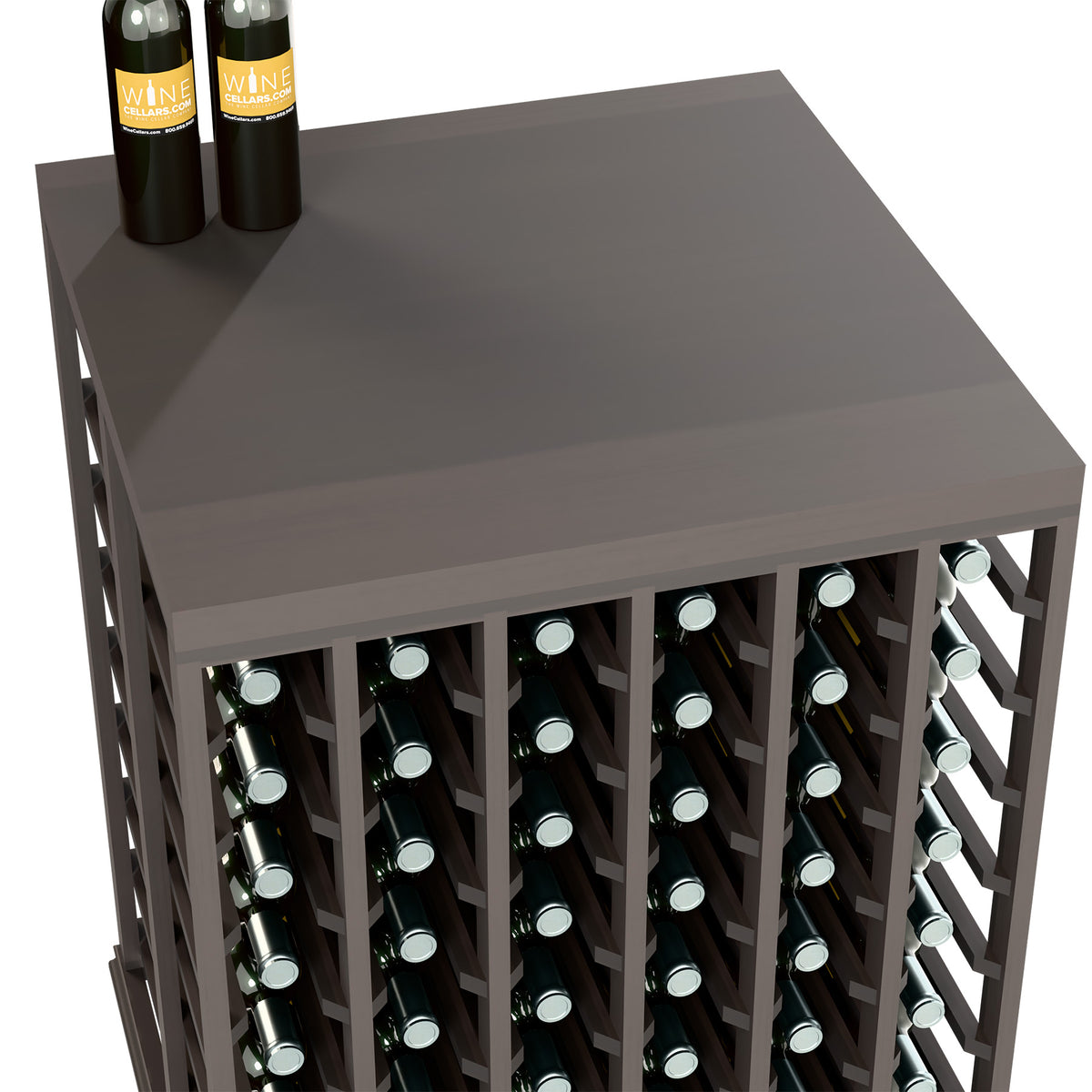 Gray/black wine tasting table with solid top and front bottle rack openings