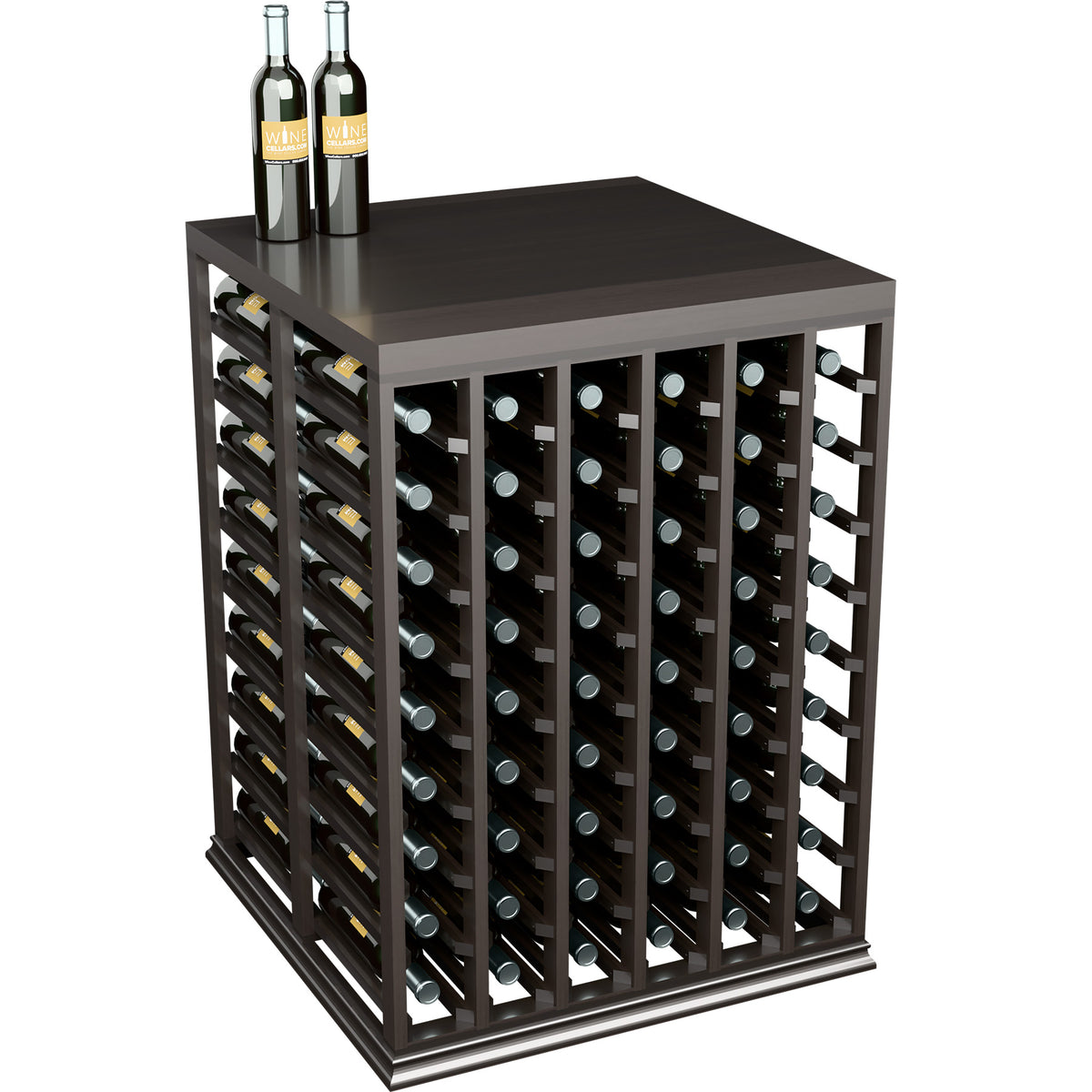 Black wine tasting table with slanted side rack, front bottle holders, solid top