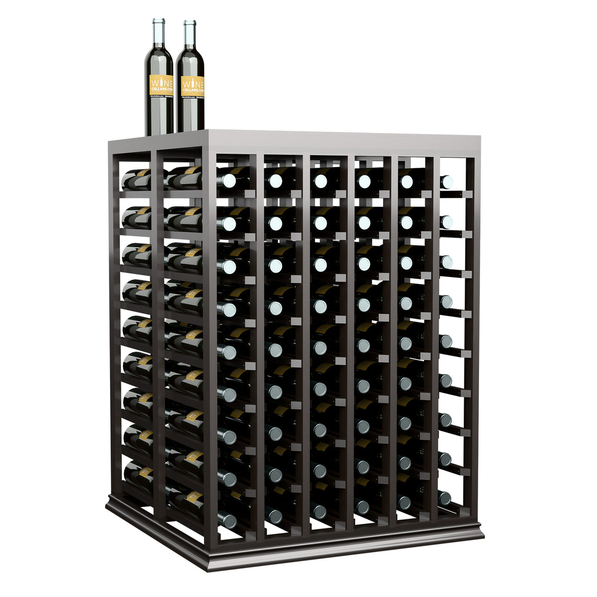Black wine tasting table with front bottle slots, side rack, and square solid top