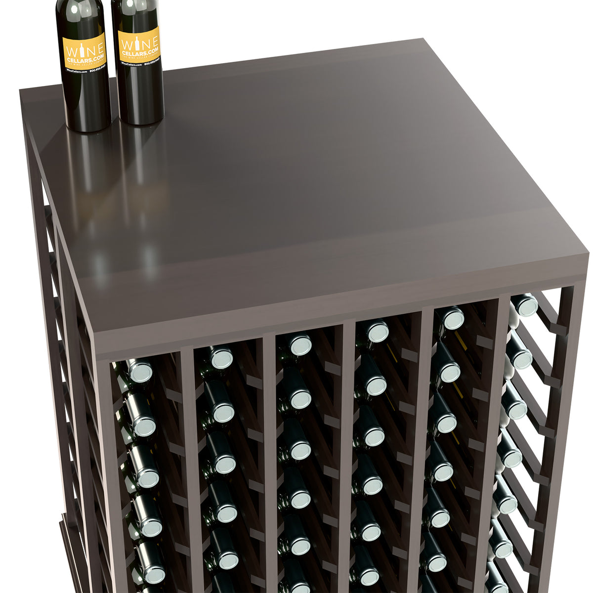 Gray wine tasting table with solid square top and front bottle rack with metal caps