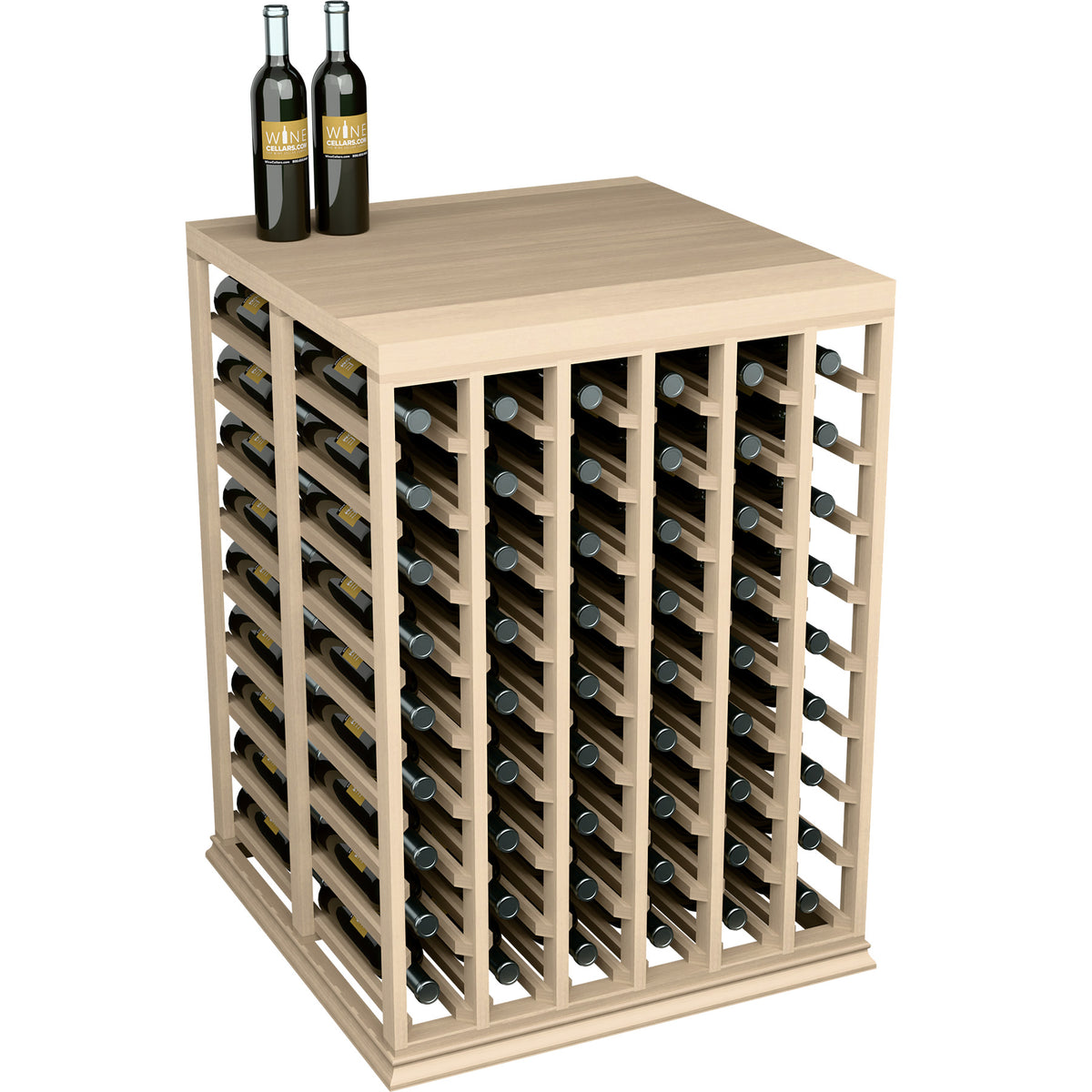 Wine tasting table with solid top, double deep bottle slots, light wood frame