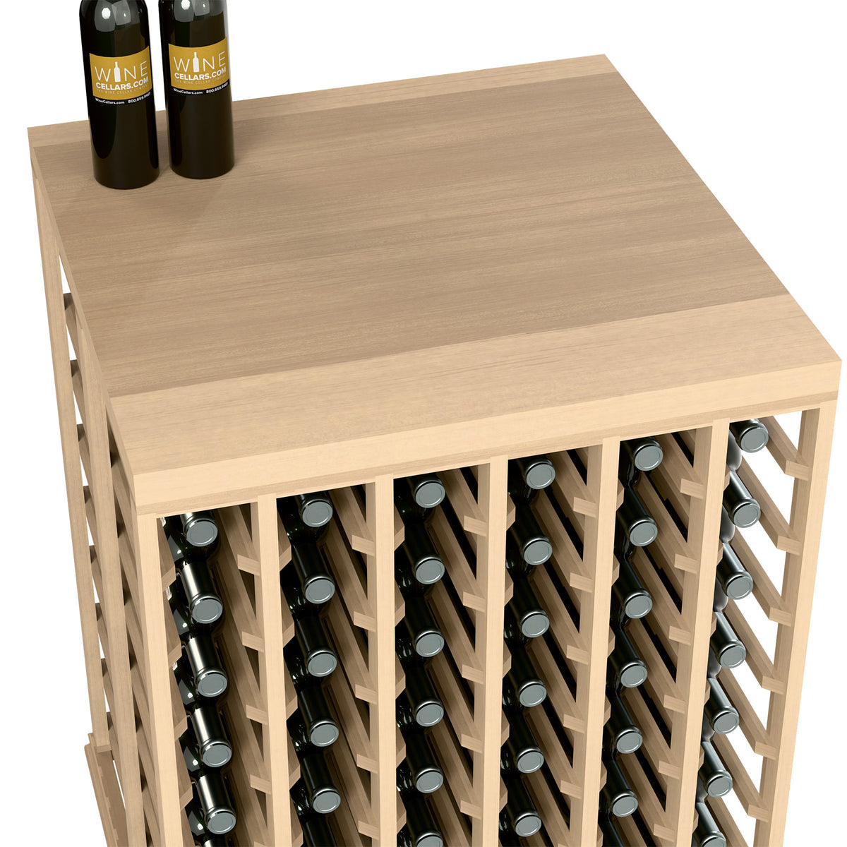 Wine tasting table close-up with solid top and bottle cubbies, light wood frame