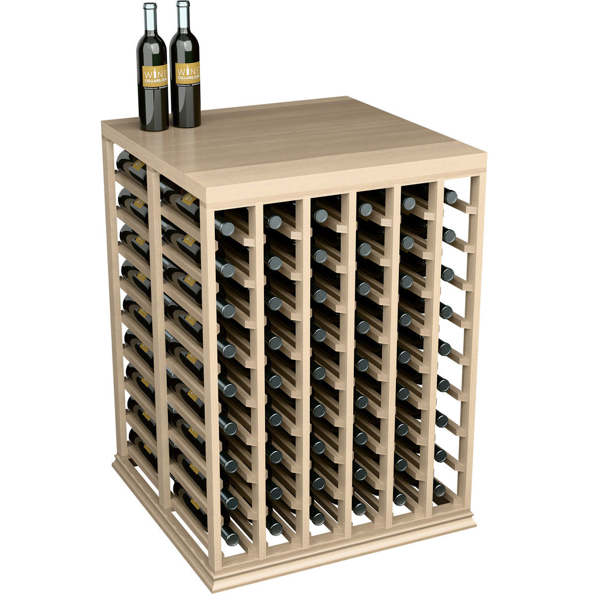 Wine tasting table with solid top and double deep bottle slots, light wood frame, front view