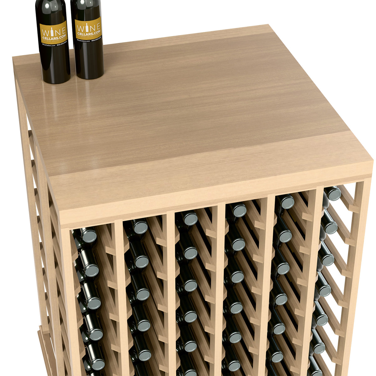 Wine tasting table angled view with solid top and bottle slots, light wood frame