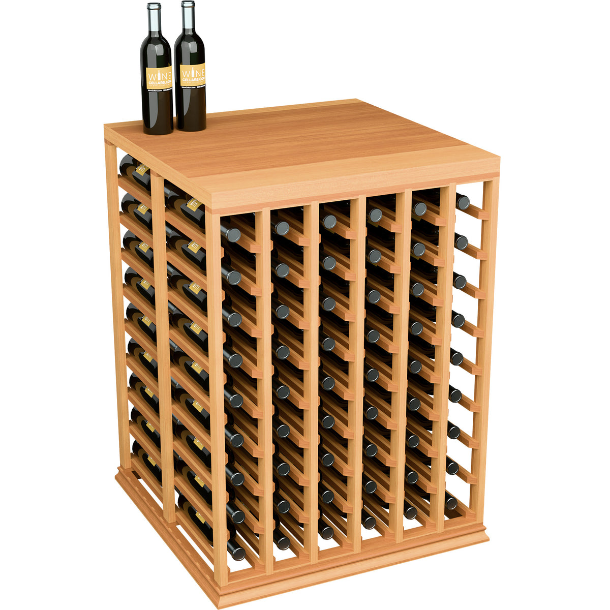 Wine tasting table with solid top, double deep bottle slots, honey wood frame
