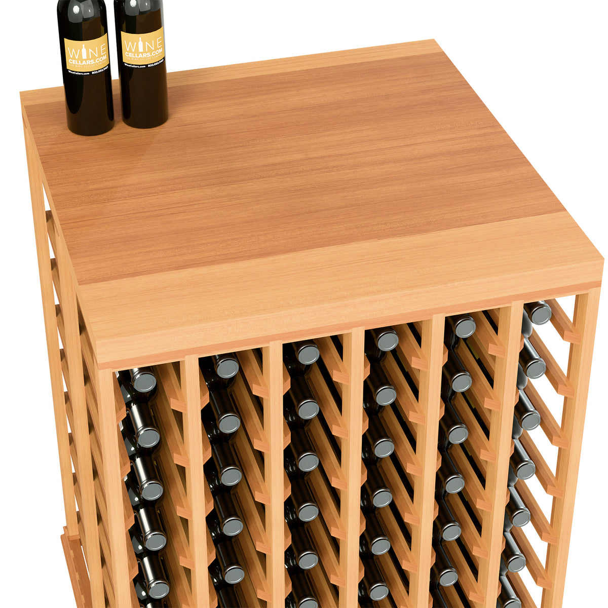 Wine tasting table with solid top, double deep bottle slots, warm brown wood frame