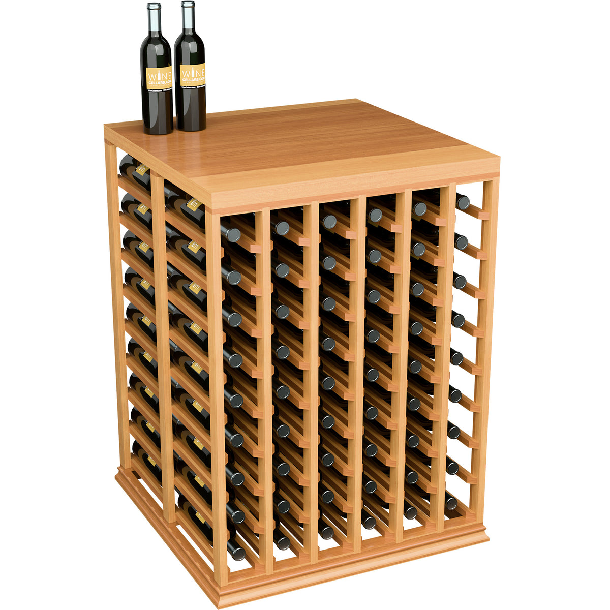 Wine tasting table with solid top and double deep bottle slots, honey wood frame